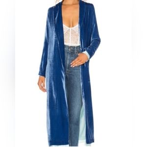NWT For Love & Lemons Nadino Kimono Coat Robe Blue Velvet L Large